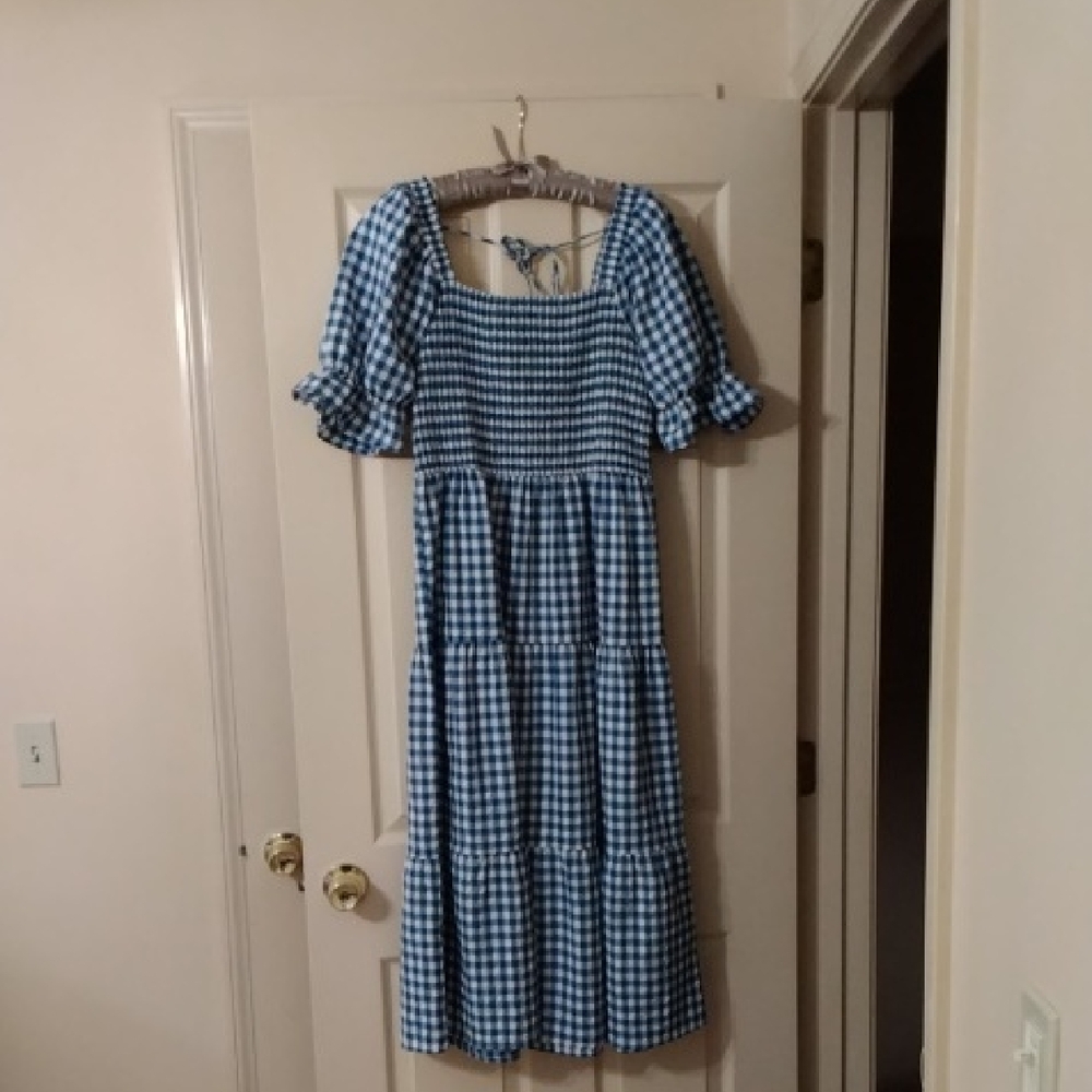 Blue Gingham Smocked Midi Dress
